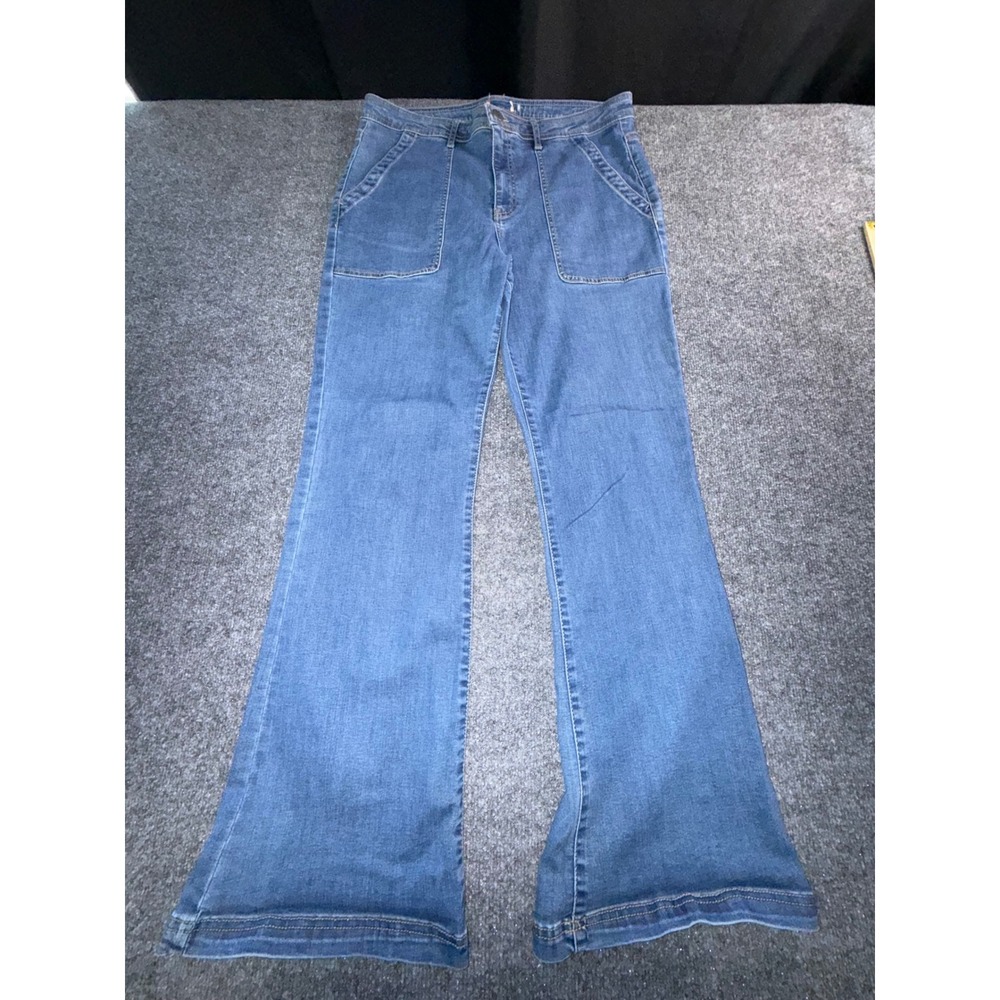 Knox Rose Womens High Rise Flare Jeans Blue Patch Pocket Denim Size 16